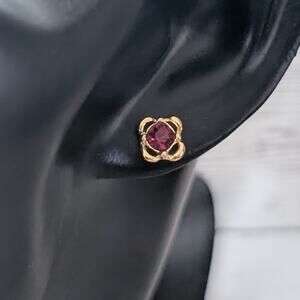 Vintage Stud Earrings Red Gem with Gold Tone Ornate Halo